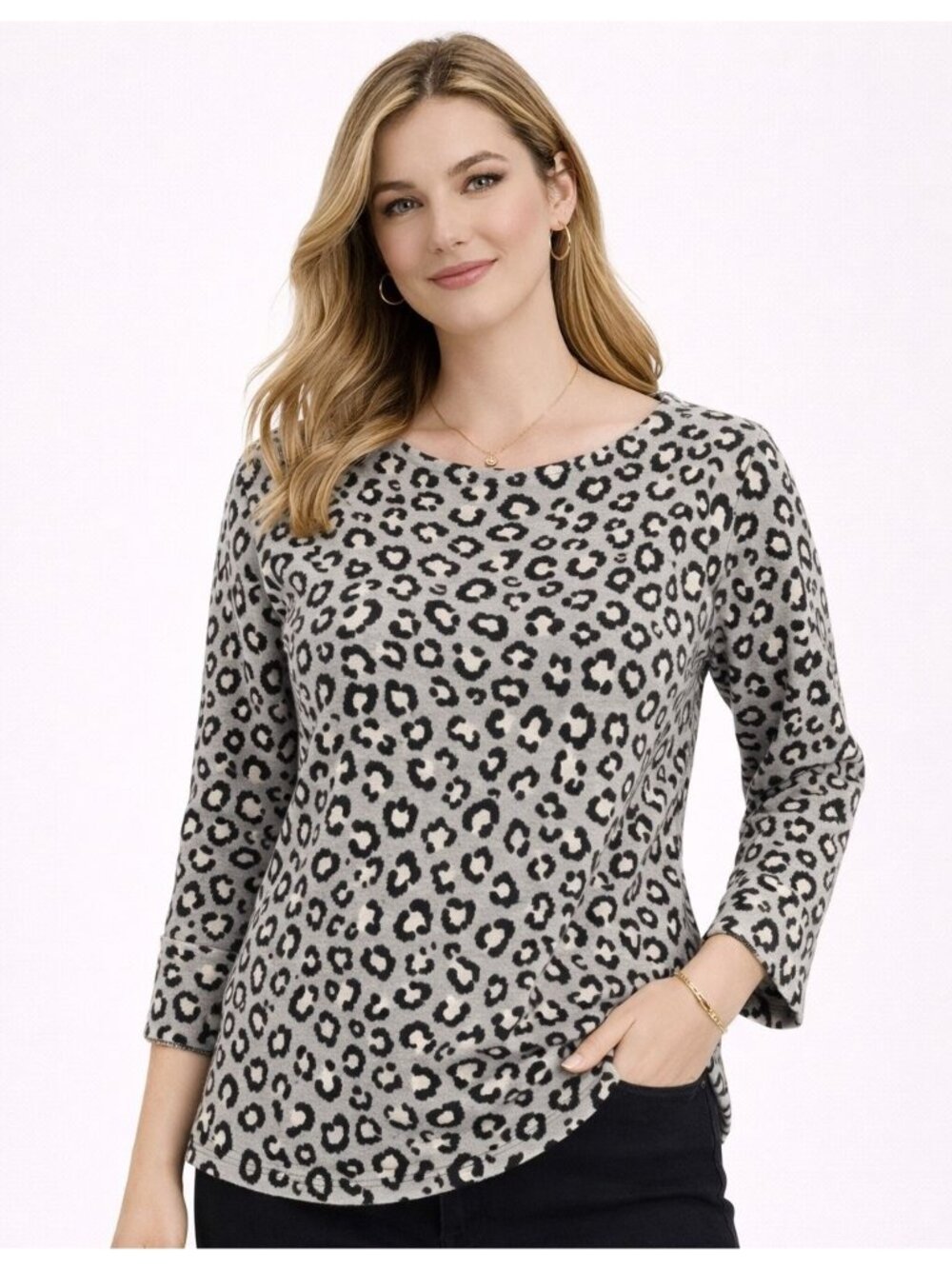 Tahari Womens Leopard Sweater Cuffed Sleeve Soft Stretch Pullover US Size M
